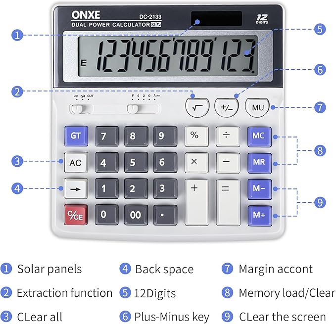 12 Digit Desk Calculator,Calculators Desktop with Extra Large 4.9" LCD Display & Big Buttons, Solar & Battery Dual Power, Standard Basic 4 Function Office Calculator for Financial, Home Daily Use