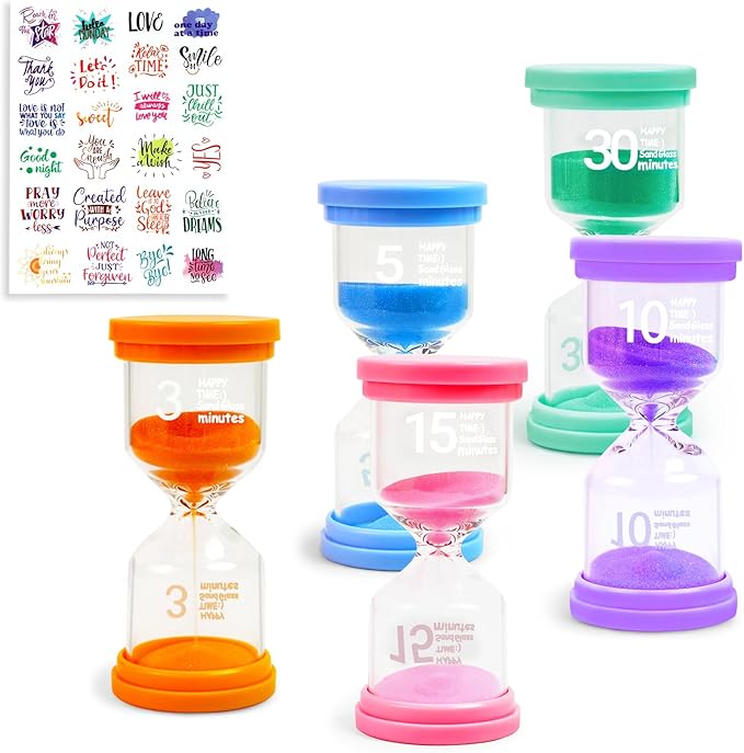 Sand Timer Set 3/5/10/15/30 Minutes with Inspirational Sticker Sheet, Colorful Decorative Hourglass for Home Office Kitchen Time Management, Decorative Sand Clock