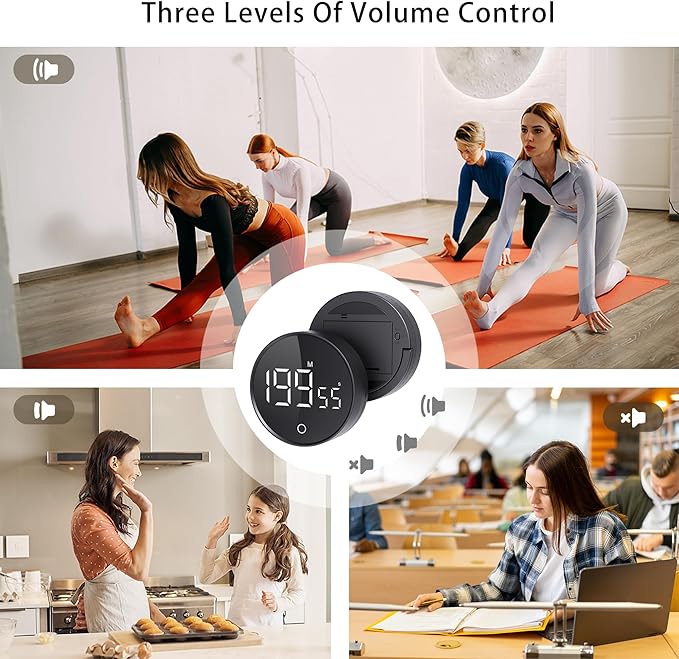 Digital Kitchen Timers, Magnetic Rotary Timer with Large LED Display, 3 Volume Levels, 0-199Min Countdown/Up, Easy Operation for Cooking, Studying, Fitness, Kids & Seniors