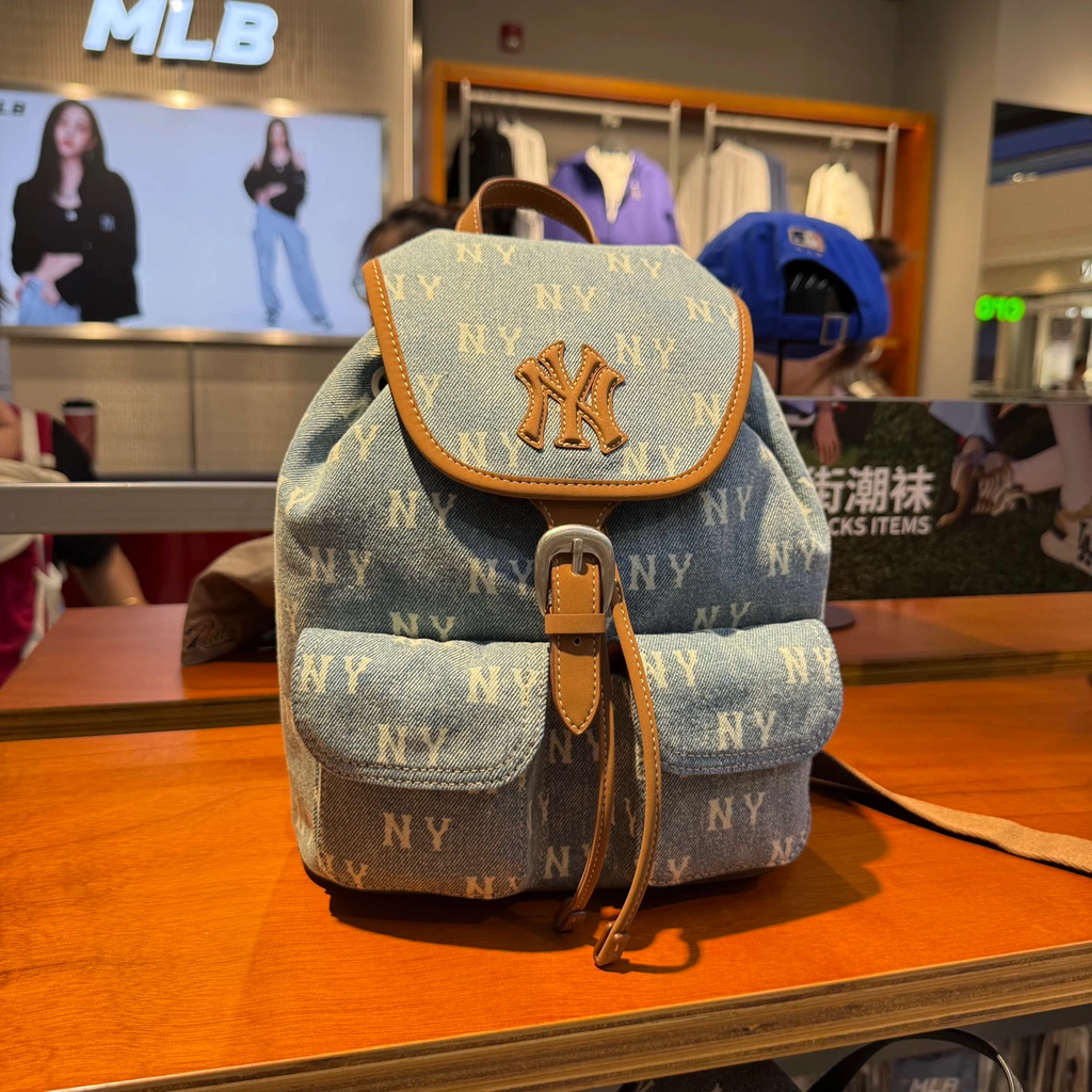 NY Monogram Denim Flap Drawstring Mini Backpack, Vintage Washed Denim Casual Daypack Light