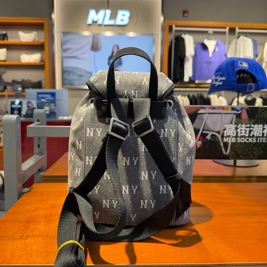 NY Monogram Denim Flap Drawstring Mini Backpack, Vintage Washed Denim Casual Daypack Light